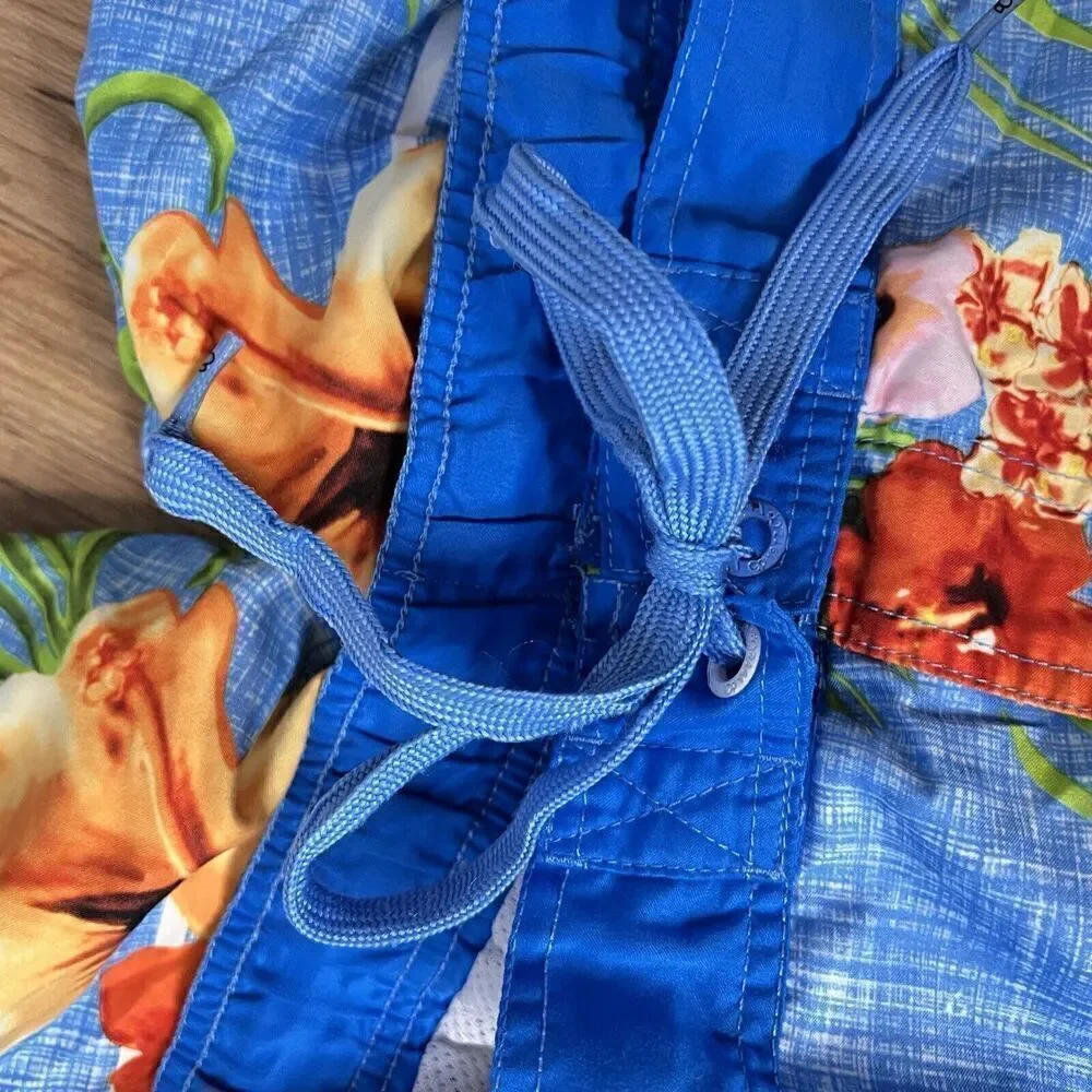 OP Sz 2XL Swim Trunks Board Shorts Mens Drawstring Blue Hawaiian Floral 0841